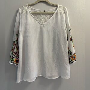 Boho Embroidered V-Neck Blouse White Lace Yoke Floral Bell Sleeve L